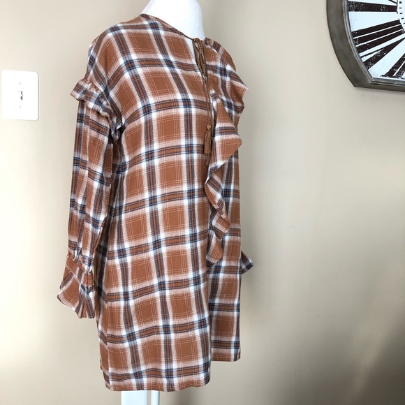 Checkered Long Sleeve Ruffled Tunic Dress - Picture 3 of 8